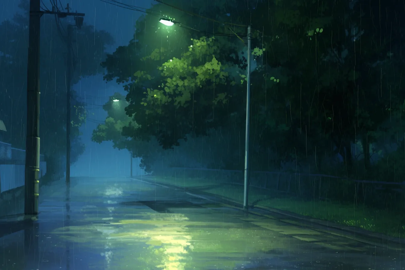 梅雨の絵 夜道を照らす街灯｜濡れた道路に反射する光が印象的な梅雨の絵。落ち着きの中に温かみを感じさせ、広告や物語的なビジュアル素材に適する。