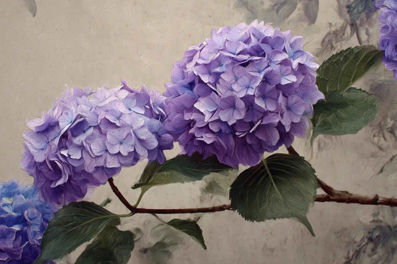 梅雨の絵 柔らかな紫陽花の花｜自然な構図と穏やかな色彩でまとめられた梅雨の絵。落ち着いた美しさが季節感を引き立て、商品広告やカードデザインに活用できる。