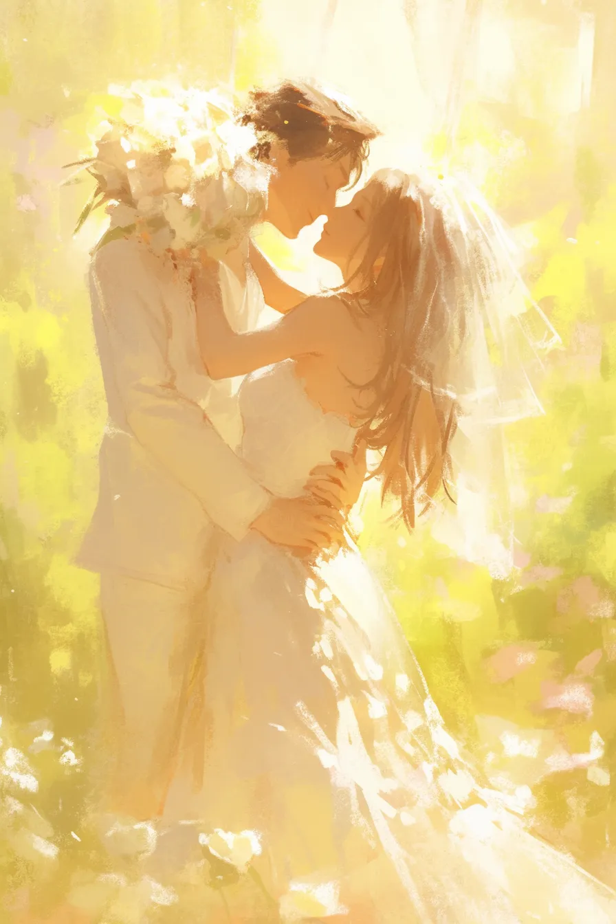 結婚式の絵 花嫁と花婿の抱擁｜柔らかな光に包まれたロマンチックな結婚式の絵。温かみのあるタッチが幸福感を演出し、ブライダル広告や記念日の販促素材に最適。
