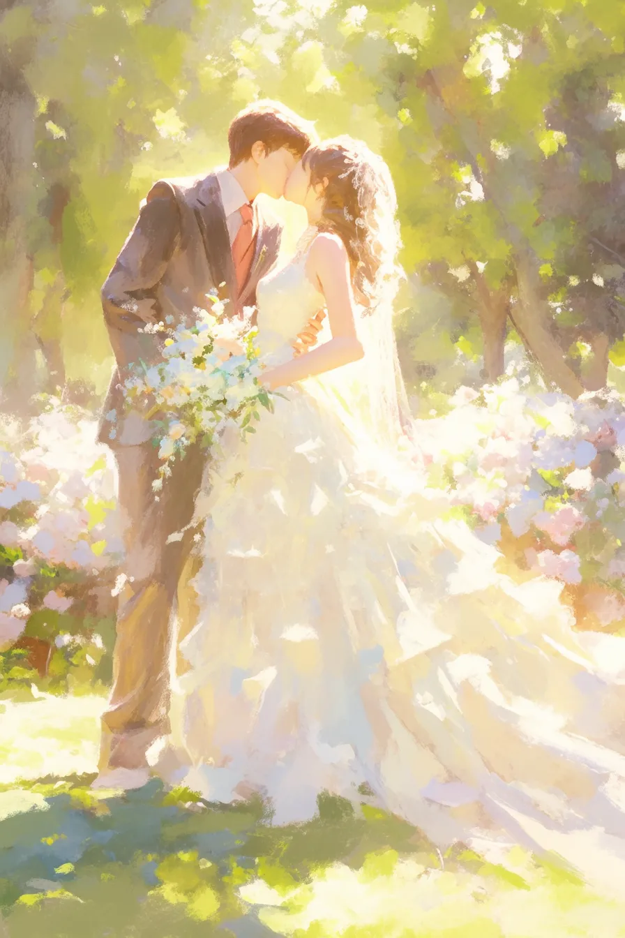 結婚式の絵 庭園で誓う新郎新婦｜緑豊かな庭園に映える新郎新婦が描かれた結婚式の絵。自然光が爽やかな印象を与え、式場紹介やイベント告知に活かしやすい。