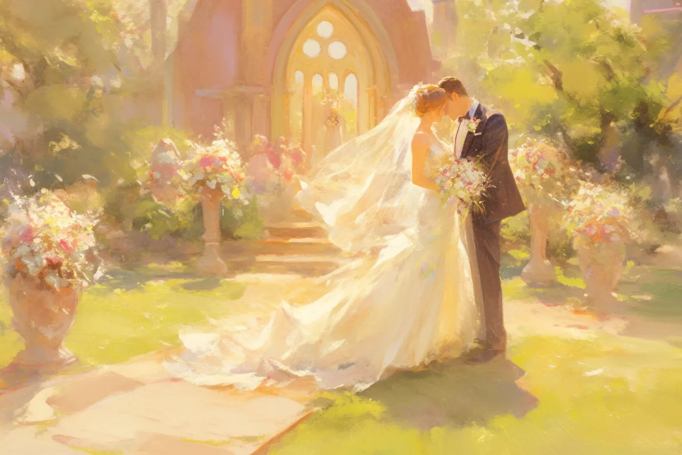 結婚式の絵 教会前に立つ二人｜華やかな教会を背景に描かれた結婚式の絵。荘厳で格式高い雰囲気が漂い、ウェディングサービスや会場案内に適する素材。