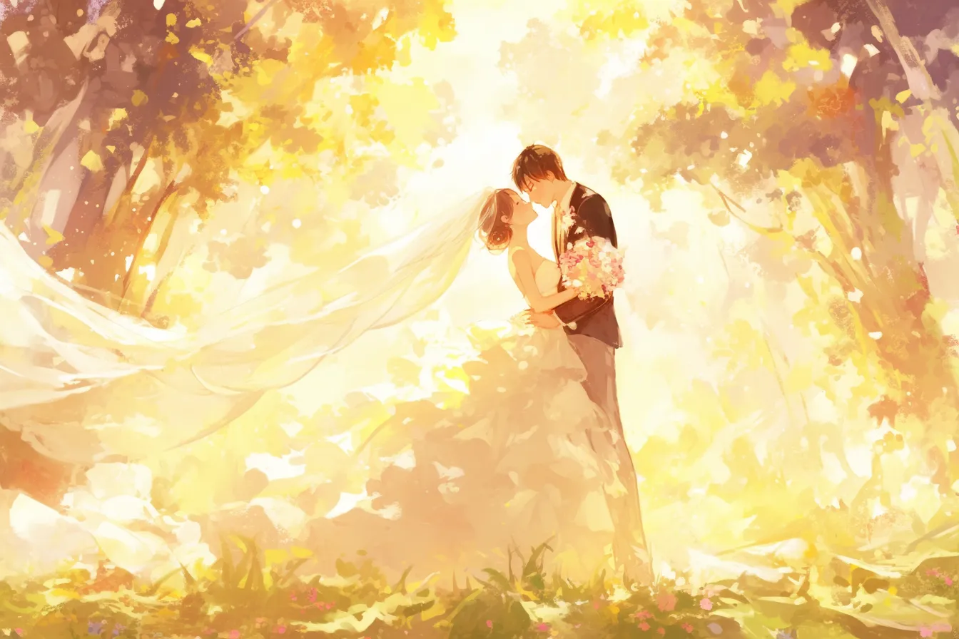 結婚式の絵 森の中の新郎新婦｜木漏れ日の森に立つ新郎新婦が印象的な結婚式の絵。幻想的でドラマティックな雰囲気があり、広告やパンフレットに映える。