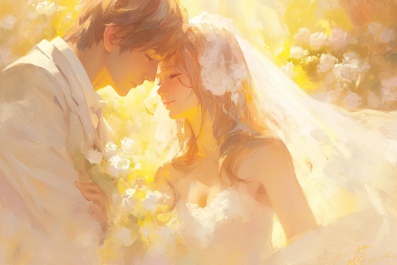 結婚式の絵 優しく寄り添う二人｜柔らかい筆致で花々に囲まれた二人を描く結婚式の絵。親密さと温かさが感じられ、ギフトや記念日関連の販促に最適。