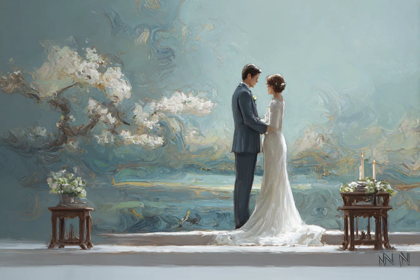 結婚式の絵 シンプルな誓いの場面｜青を基調とした背景に佇む二人を描いた結婚式の絵。落ち着きと清潔感があり、式場紹介やプロモーション素材として使いやすい。