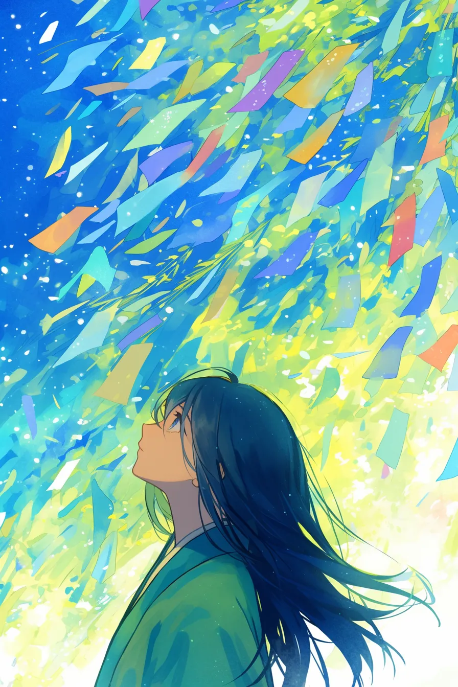 七夕の絵 短冊を見上げる少女｜夜空を彩る短冊と鮮やかな光が印象的な七夕の絵。幻想的で希望を感じさせ、イベントやキャンペーン用の素材として活用しやすい。