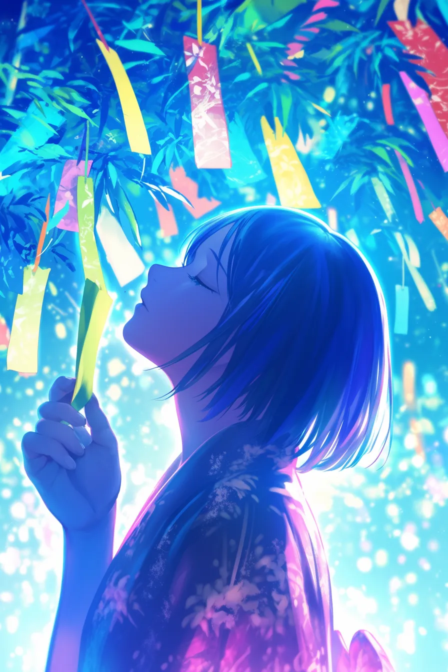 七夕の絵 短冊に願う浴衣姿の少女｜鮮やかな光に包まれた浴衣姿の女性を描いた七夕の絵。祈りの瞬間がロマンチックに表現され、広告やポスターに適したビジュアル。