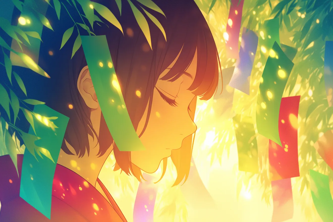 七夕の絵 祈りを捧げる少女の横顔｜光の粒子が印象的に漂う中で少女を描く七夕の絵。落ち着いた幻想性があり、季節キャンペーンやアート関連素材に適する。