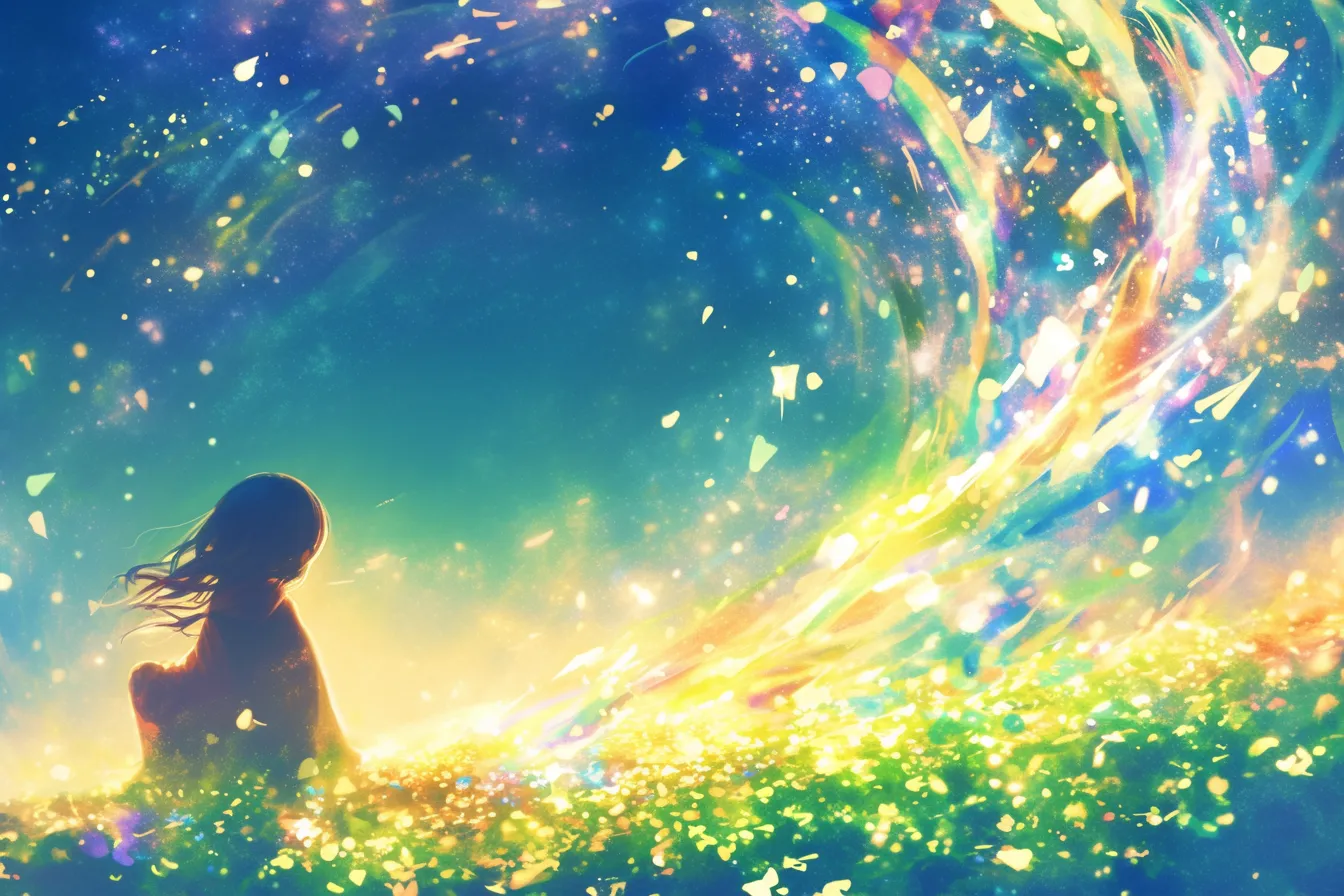 七夕の絵 星屑の中の少女｜輝く粒子と光の渦が幻想的な七夕の絵。壮大な広がりと夢のある雰囲気が、広告やストーリーテリング素材として効果的。