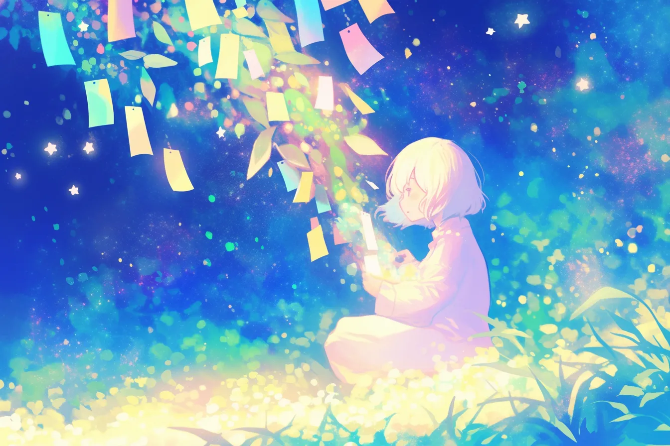 七夕の絵 星と短冊に囲まれる少女｜色鮮やかな夜空に浮かぶ短冊と少女を描いた七夕の絵。幻想的で親しみやすい世界観があり、イベントや広報素材に活用可能。
