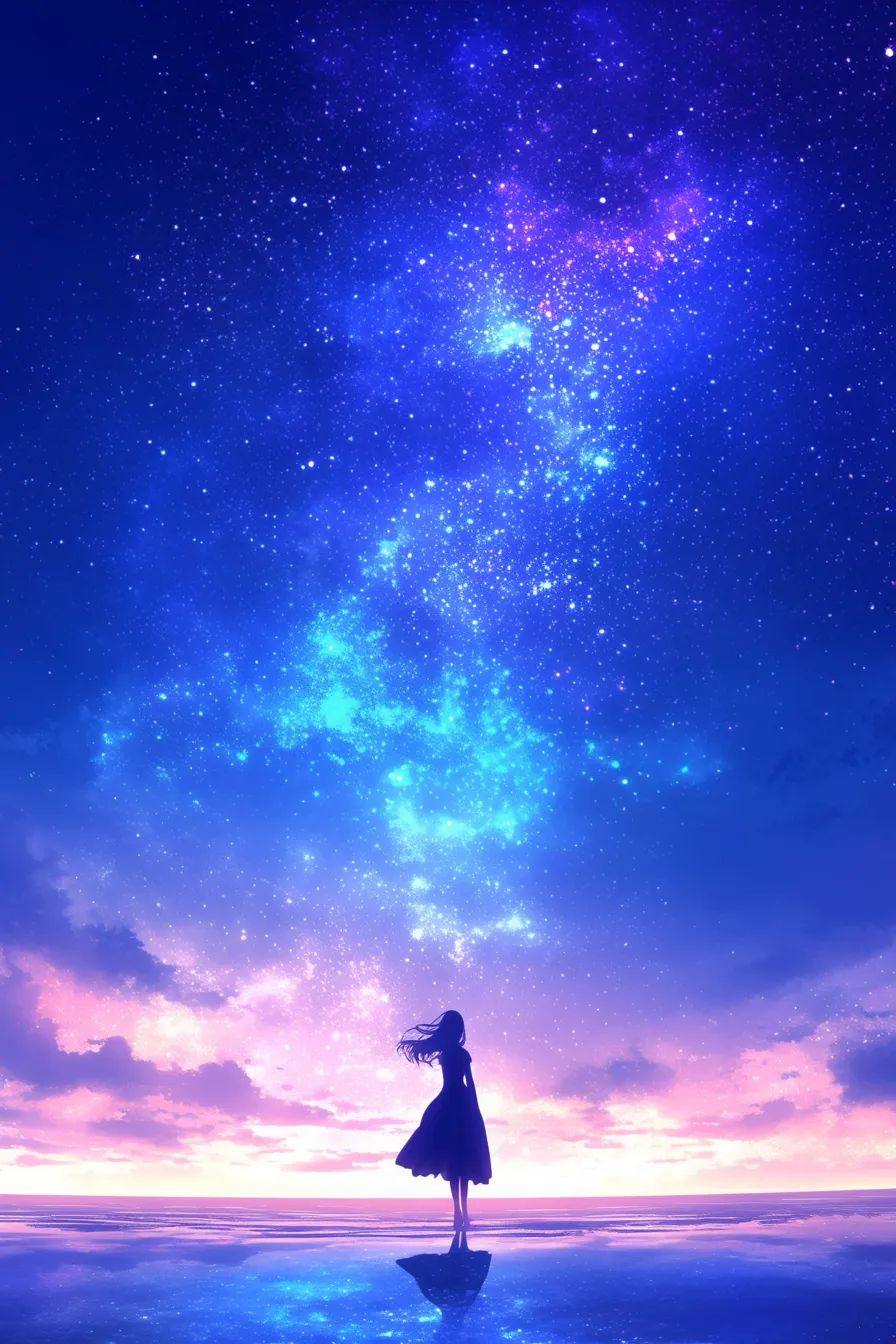 少女と夜空を見上げる天の川の絵｜鮮やかな星空と人物の対比が印象的で、天の川の絵としてロマンチックな雰囲気を持ち、広告やプレゼンに活かせる高品質な素材です。