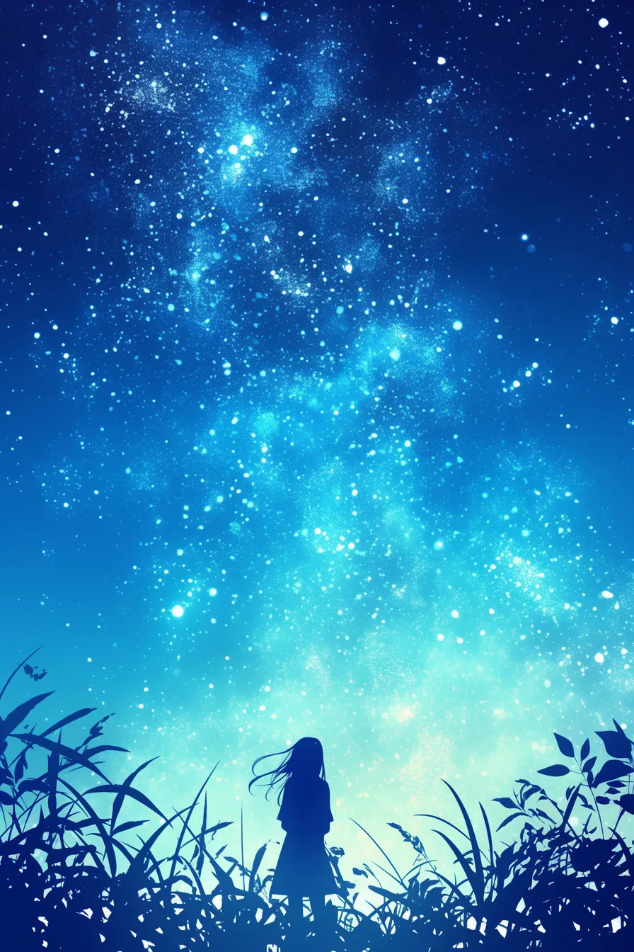 草原に立つ少女の天の川の絵｜前景の植物シルエットと広がる星空が調和し、天の川の絵として自然と人のつながりを象徴する感性豊かな素材になっています。