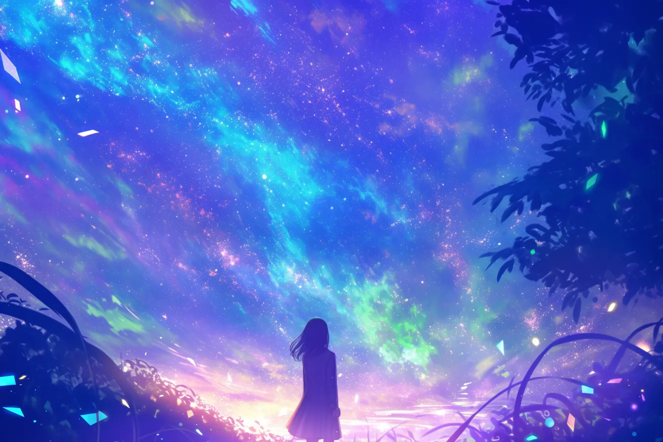 幻想的な空を見上げる天の川の絵｜カラフルな光彩と深みのある夜空が印象的で、天の川の絵として視覚的な魅力が強く、クリエイティブな用途に適した素材です。