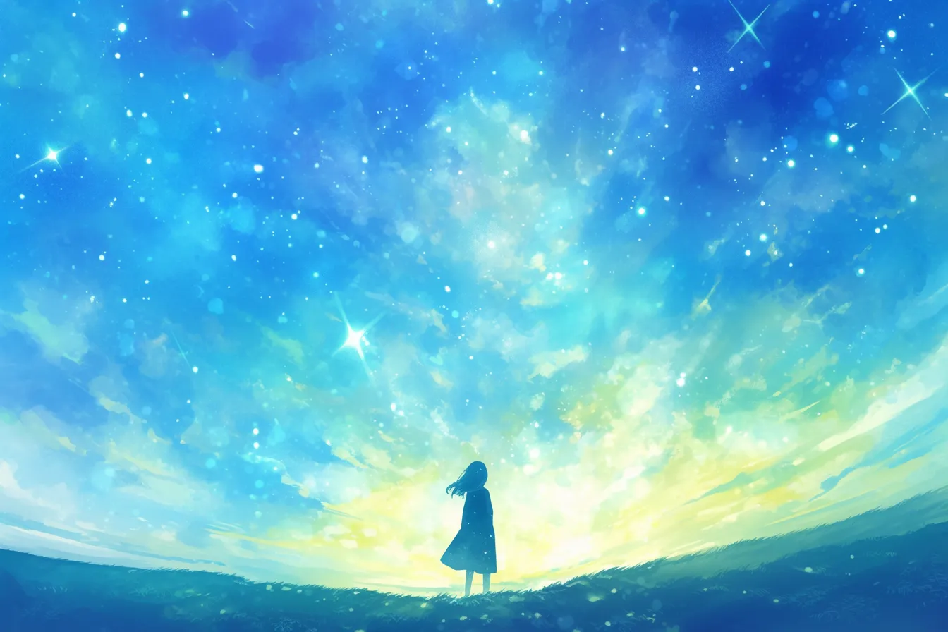 輝く星と少女の天の川の絵｜明るく輝く星と少女の姿が印象的で、天の川の絵として希望や未来を感じさせ、企業イメージ強調にも役立つビジュアル素材です。