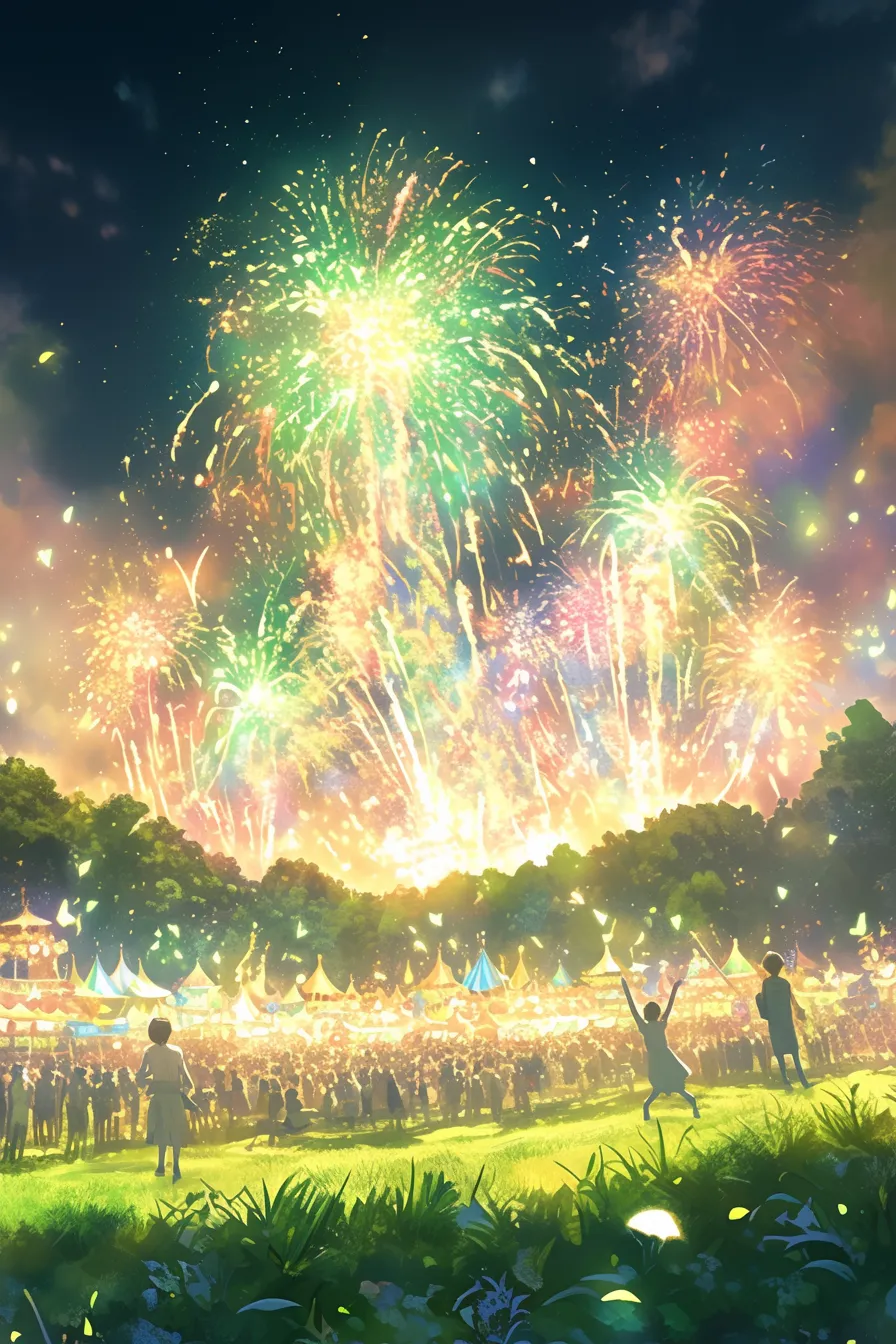 花火と観客の夏祭りの絵｜色鮮やかな花火と人々の歓声が重なり合い、夏祭りの絵として賑やかさと高揚感を演出する広告やイベント用素材に適しています。