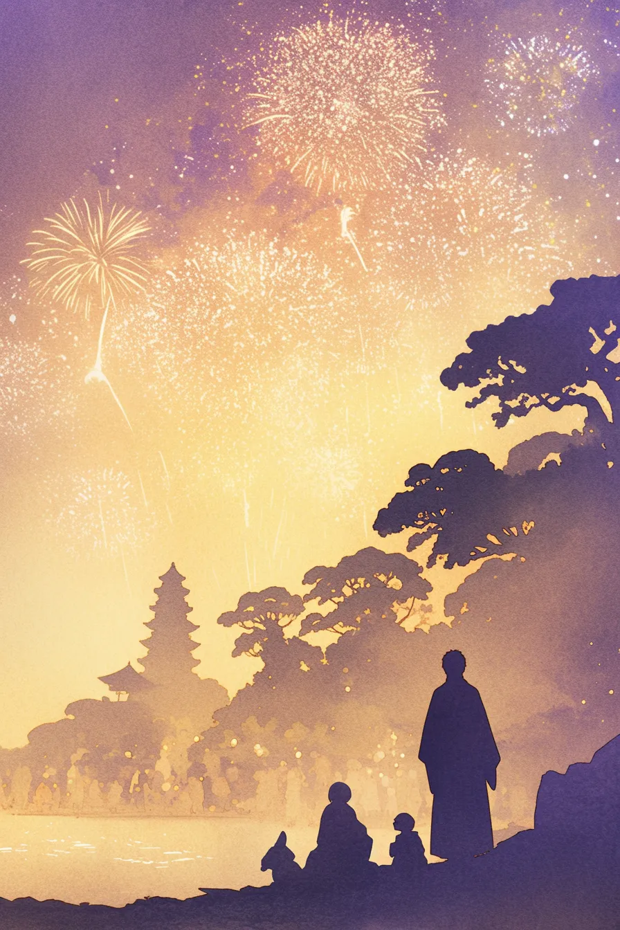 浴衣姿の家族と夏祭りの絵｜和の情緒を感じさせる花火と人々の後ろ姿が印象的で、夏祭りの絵として伝統的な雰囲気を表現した落ち着いた素材です。