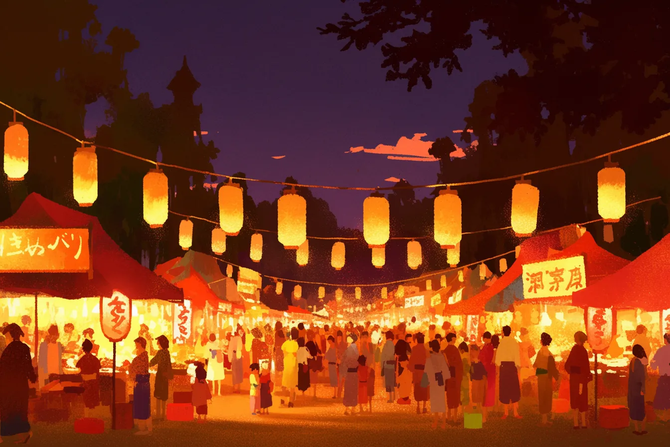 夜店の賑わいを描く夏祭りの絵｜屋台や提灯の明かりが人々を照らし、夏祭りの絵として温かみと活気を伝える販促用のビジュアル素材として活用できます。