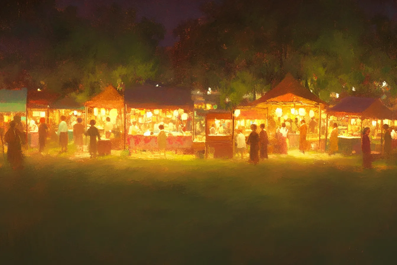 幻想的な露店風景の夏祭りの絵｜柔らかい筆致と光の表現が特徴的で、夏祭りの絵として親しみやすく優しい雰囲気を演出する背景素材に適しています。