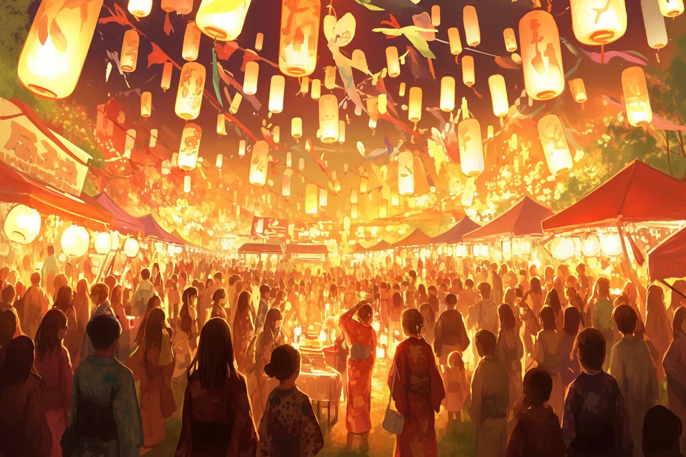 提灯が灯る群衆の夏祭りの絵｜空を覆う提灯と人波の熱気が融合し、夏祭りの絵として力強い視覚効果を生むビジネス向けの印象的なイメージ素材です。