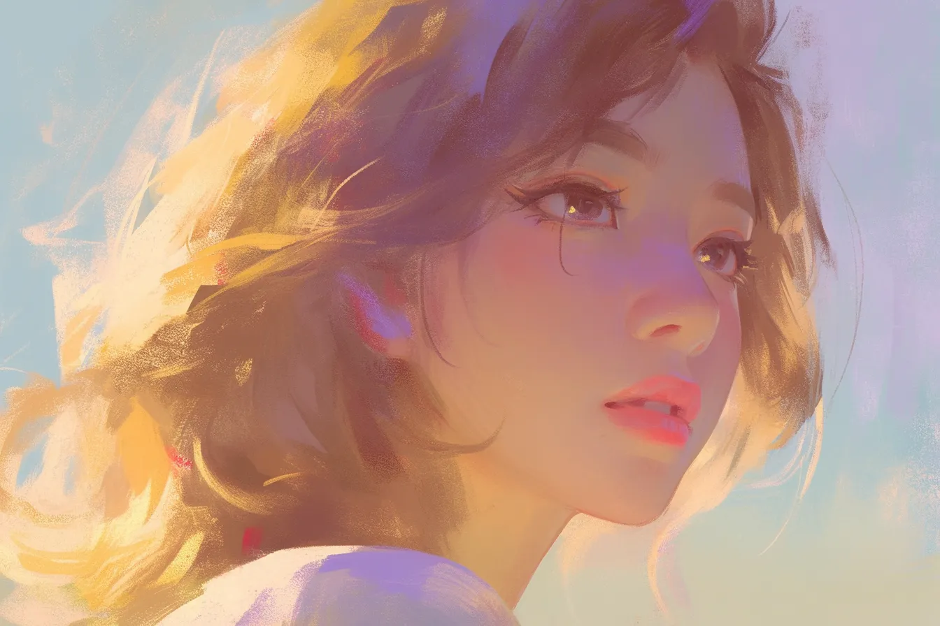 光に包まれる女性の顔の絵｜柔らかな光と淡い色彩で描かれた顔の絵です。温かみと清涼感を兼ね備え、自然やライフスタイル関連の広告やイメージ素材に活用できます。