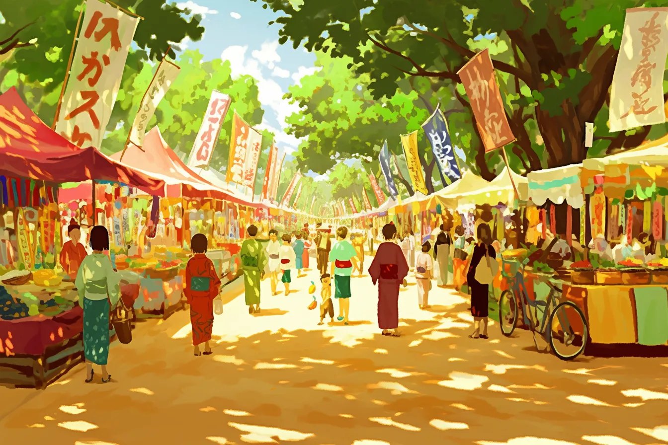 昼間の屋台並ぶ夏祭りの絵｜明るい色彩と日差しの表現が特徴で、夏祭りの絵として開放感を伝え、観光や地域イベント紹介に役立つ爽やかな素材です。