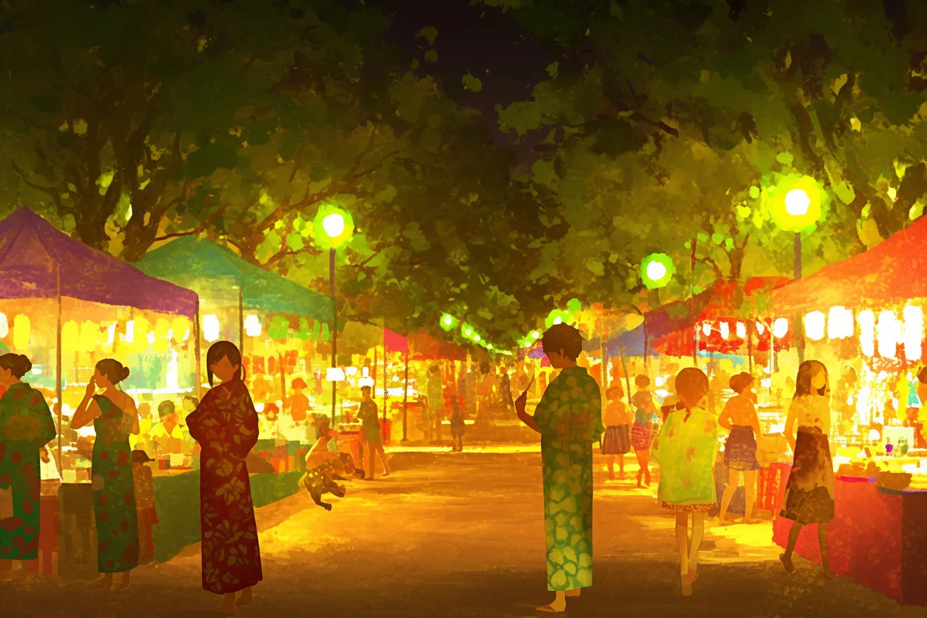 夜道を歩く浴衣姿の夏祭りの絵｜緑に包まれた小路に並ぶ屋台と浴衣姿が調和し、夏祭りの絵として親密で落ち着いた雰囲気を表現する素材です。