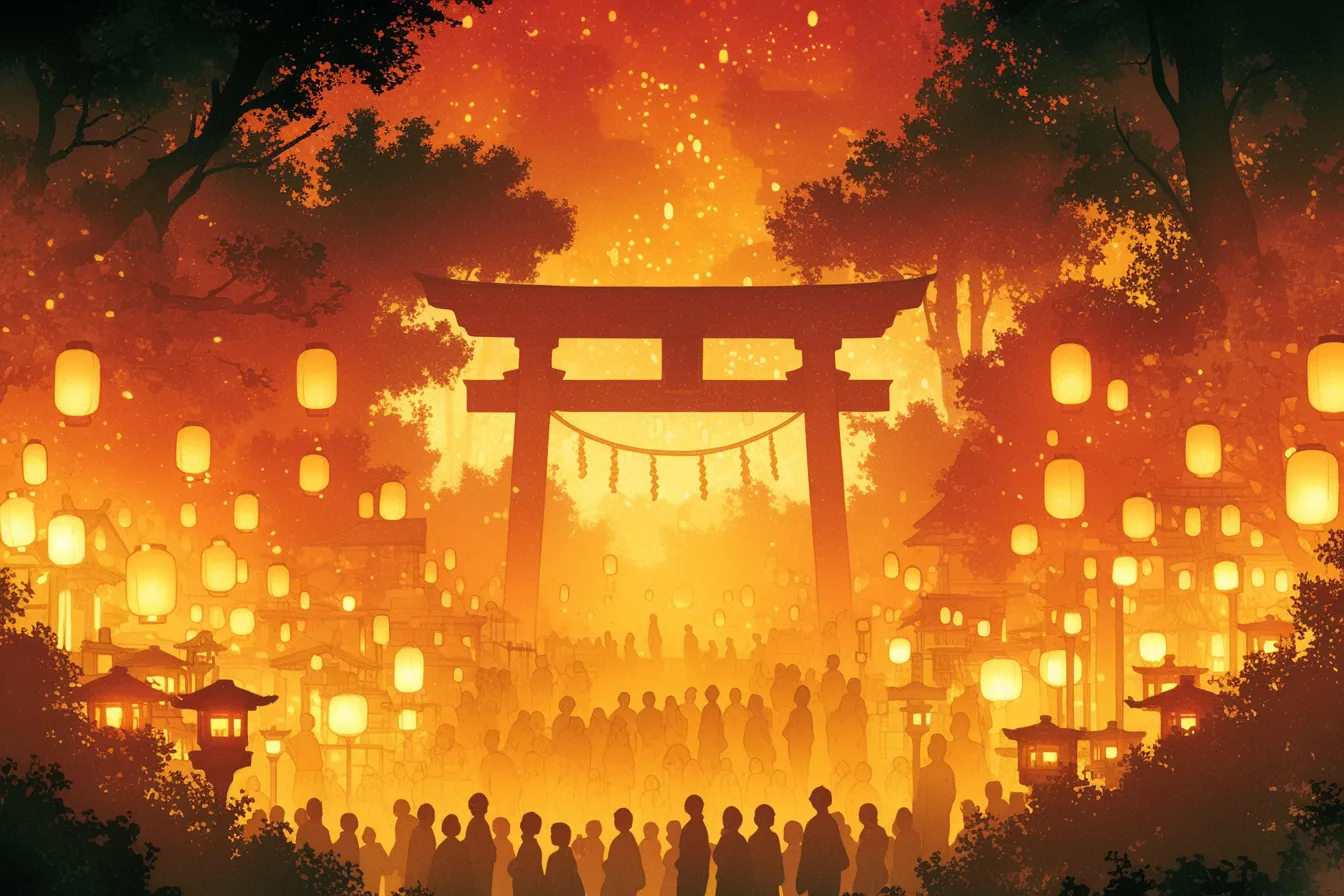 神社の鳥居と灯籠の夏祭りの絵｜幻想的な灯りと群衆のシルエットが強調され、夏祭りの絵として伝統行事や文化イベントを象徴する荘厳なイメージ素材です。