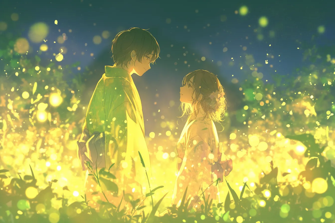 浴衣の男女と光舞う夏祭りの絵｜光の粒子が幻想的に漂い、夏祭りの絵としてロマンチックで柔らかな印象を与える広告やキャンペーンに適した素材です。