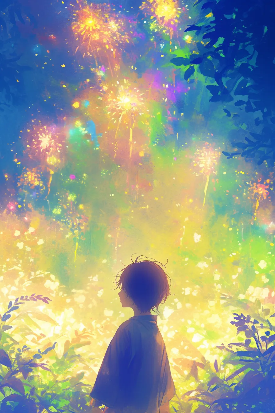 浴衣姿の少年と光に包まれる花火の絵｜柔らかな筆致と鮮やかな色彩が印象的で、花火の絵として幻想的な空気感を演出し、広告や企画ビジュアルに適した素材です。