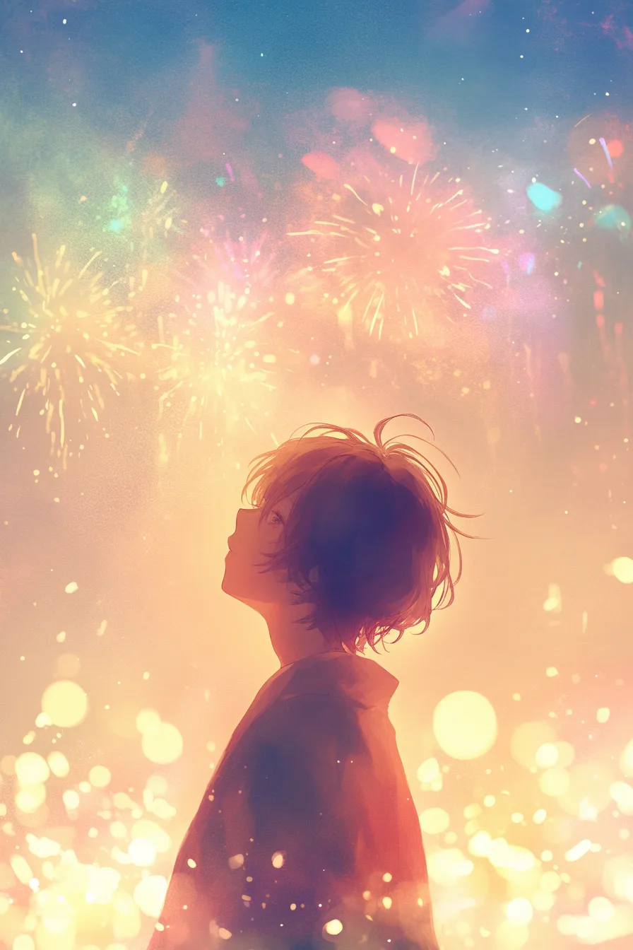 夜空を見上げる少年の花火の絵｜繊細な光の表現と淡い色調が調和し、花火の絵として静かで感情的な雰囲気を伝えるプレゼン資料向け素材です。
