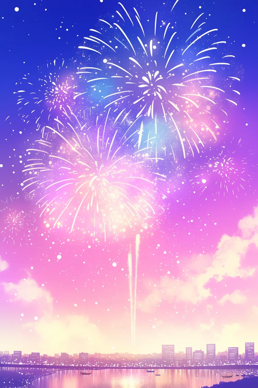 都市の夜空に広がる花火の絵｜ビビッドな色彩と対比のある構図が特徴で、花火の絵として華やかさを強調し、観光やイベント告知に活用できる素材です。