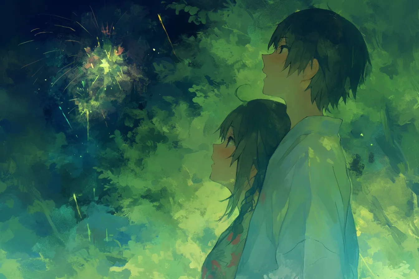 森に包まれた二人と花火の絵｜緑の濃淡と光のコントラストが幻想的で、花火の絵として親密さや自然の中のひとときを象徴する素材です。