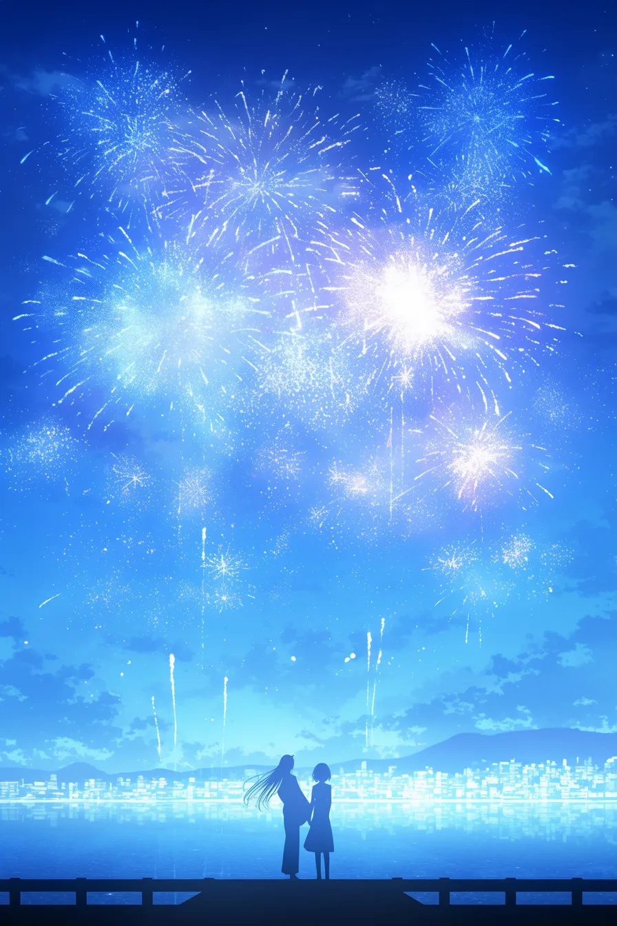 水辺に立つ二人と夜空の花火の絵｜都市の灯りと水面の反射が調和し、花火の絵として洗練された雰囲気を持つビジネス向け素材です。