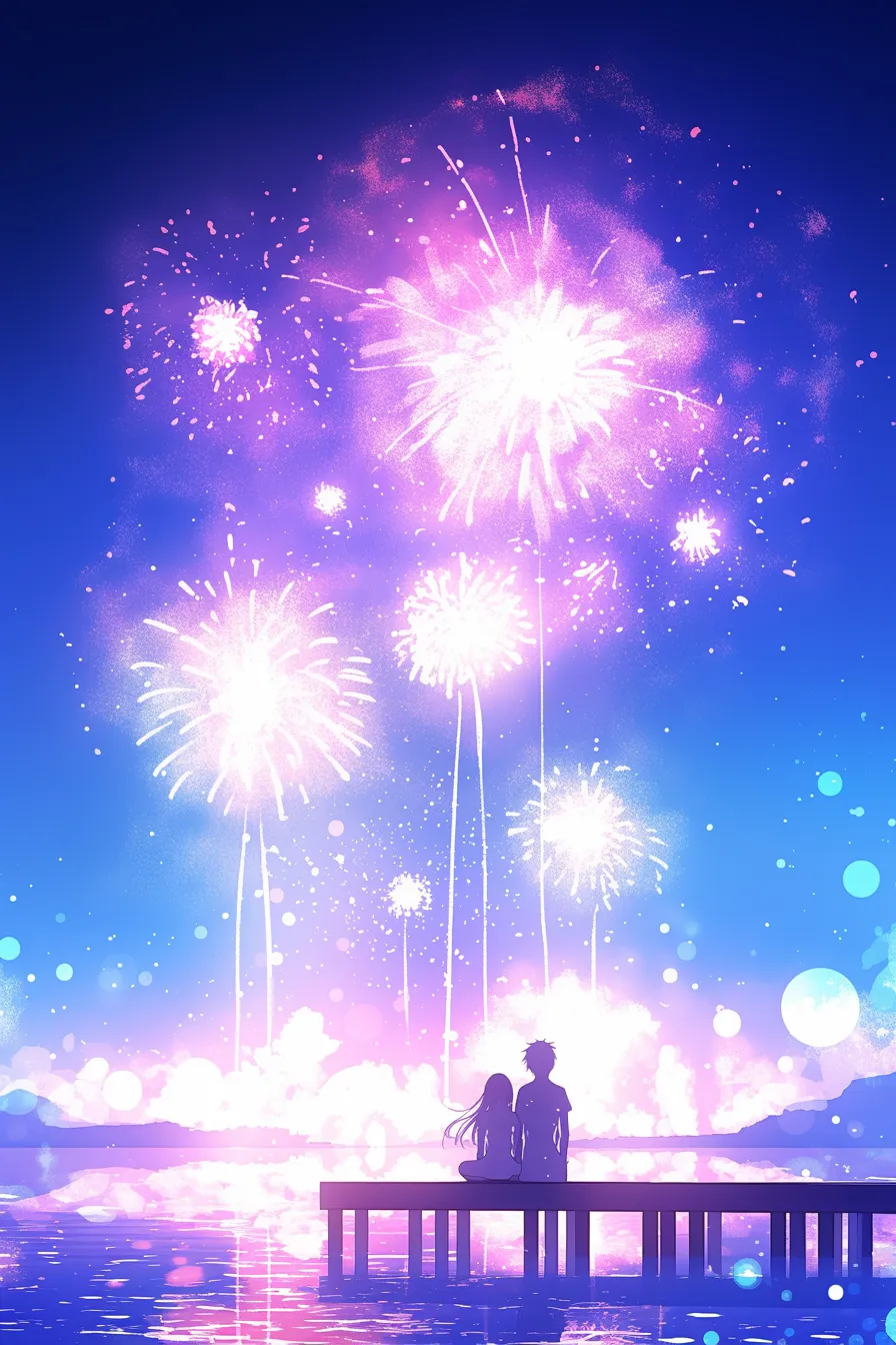 桟橋に座る二人と華やかな花火の絵｜ピンクやブルーの光彩が鮮やかで、花火の絵として幻想的な空間を演出する広告やイベント向けの素材です。