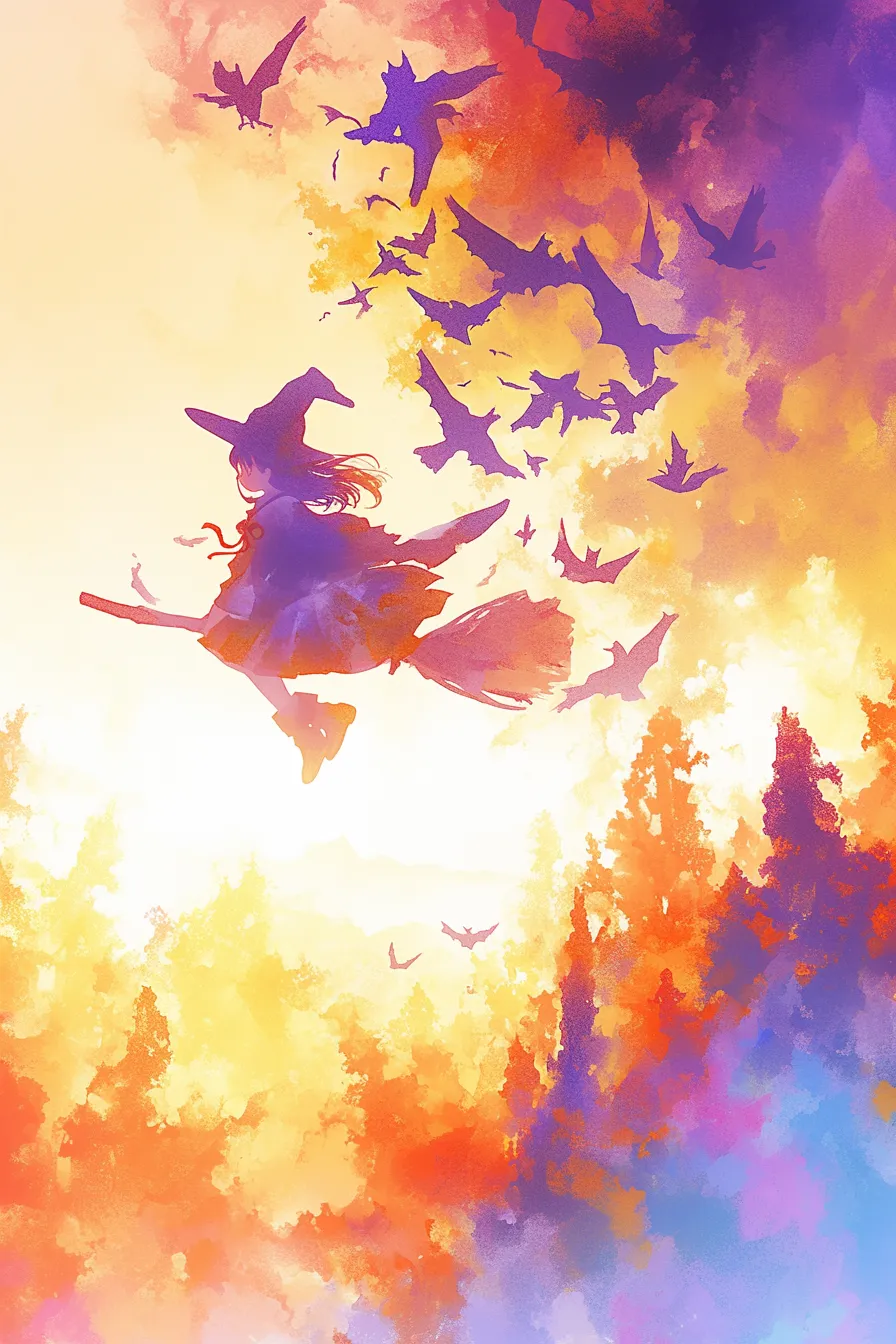 魔女と夕焼け空を舞うハロウィンの絵｜鮮烈なオレンジと紫の対比が印象的で、ハロウィンの絵として幻想的で迫力ある雰囲気を演出する販促向け素材です。