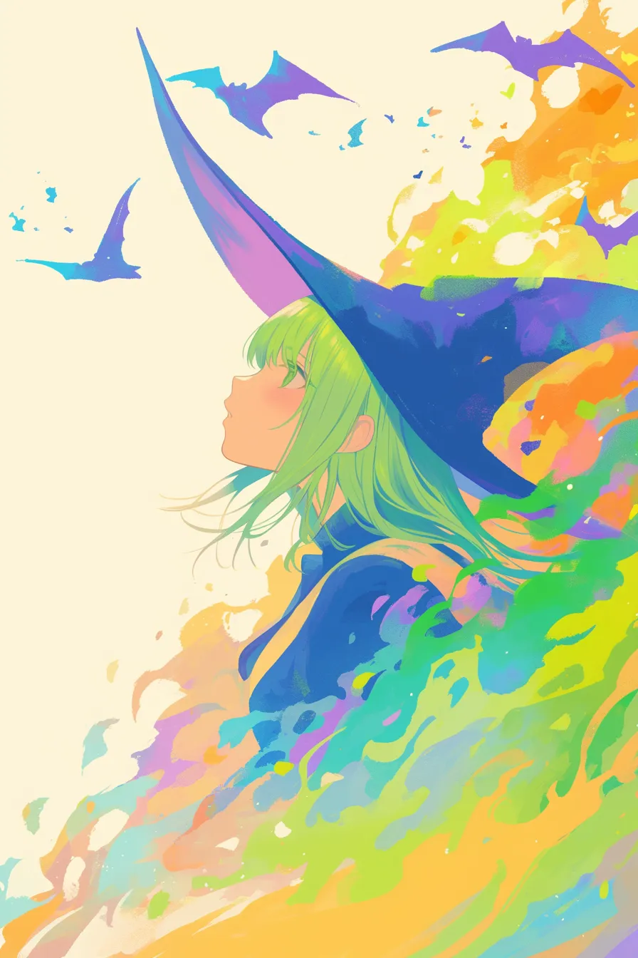 魔女の横顔と鮮やかな色彩のハロウィンの絵｜シンプルで洗練された構図とカラフルな筆致が特徴で、ハロウィンの絵として現代的で明るいイメージを表現する広告素材です。