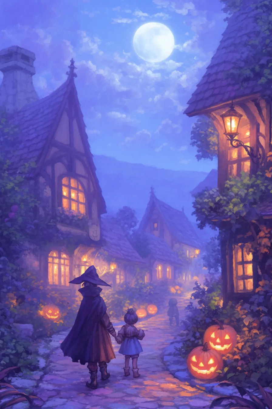 魔女と子供が歩く街並みのハロウィンの絵｜柔らかな光と建物の温もりが描かれ、ハロウィンの絵として親しみやすい情景を伝える観光や地域イベントに適した素材です。
