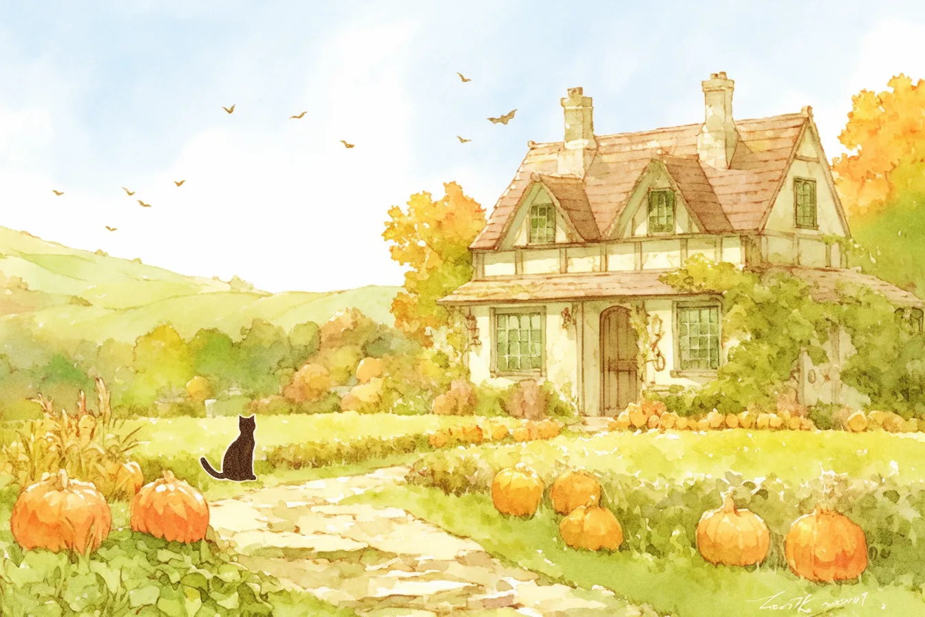 黒猫とカボチャ畑の家のハロウィンの絵｜水彩風の柔らかなタッチが特徴で、ハロウィンの絵として温かみがあり、ファミリー向けキャンペーンに適した素材です。