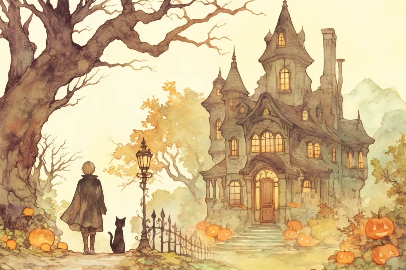 洋館と黒猫を描いたハロウィンの絵｜繊細な線と落ち着いた色調が調和し、ハロウィンの絵としてクラシカルで上品な雰囲気を演出する販促用素材です。