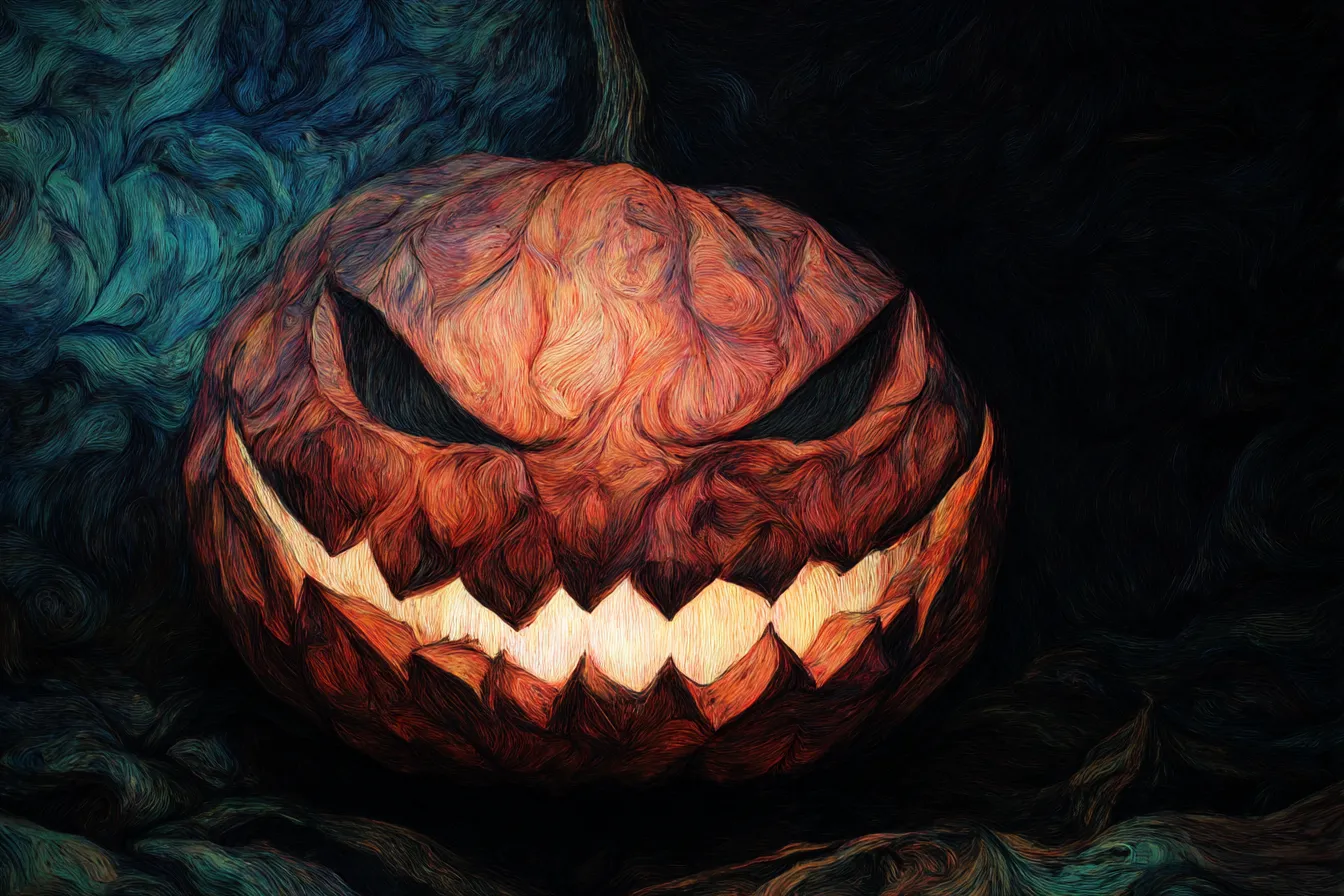 不気味に輝くカボチャのハロウィンの絵｜油絵風のタッチで迫力ある表情が強調され、ハロウィンの絵として印象に残る広告やポスターに適した素材です。