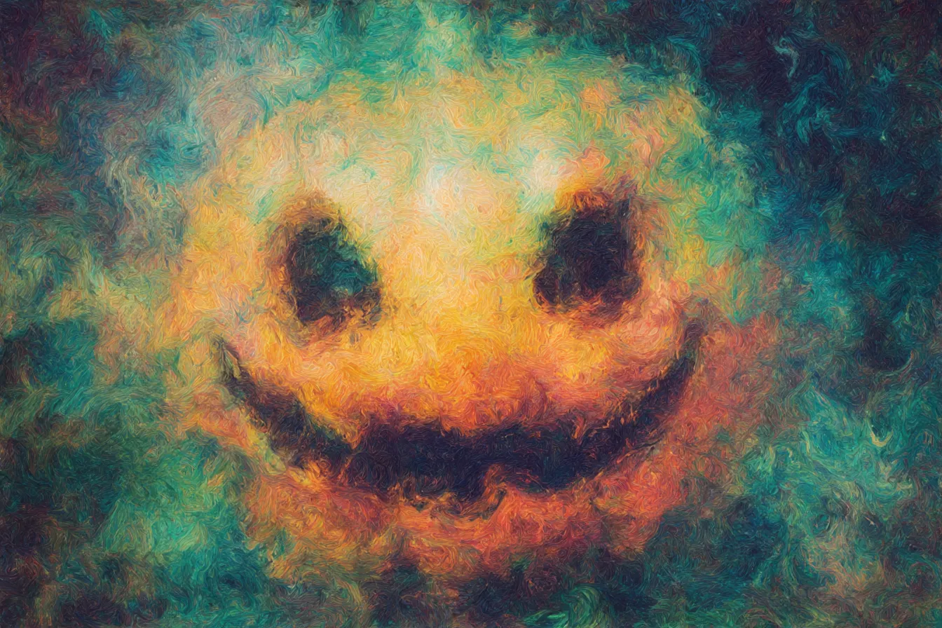 幻想的に揺らめく顔のカボチャのハロウィンの絵｜渦を巻くような筆致と色彩が特徴で、ハロウィンの絵として独特でアート性の高い印象を与える素材です。