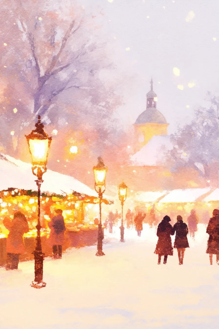 雪景色の街並みと灯りのクリスマスの絵｜温かな灯火と雪景色が調和し、クリスマスの絵として冬の賑わいを表現するイベントや販促向け素材です。