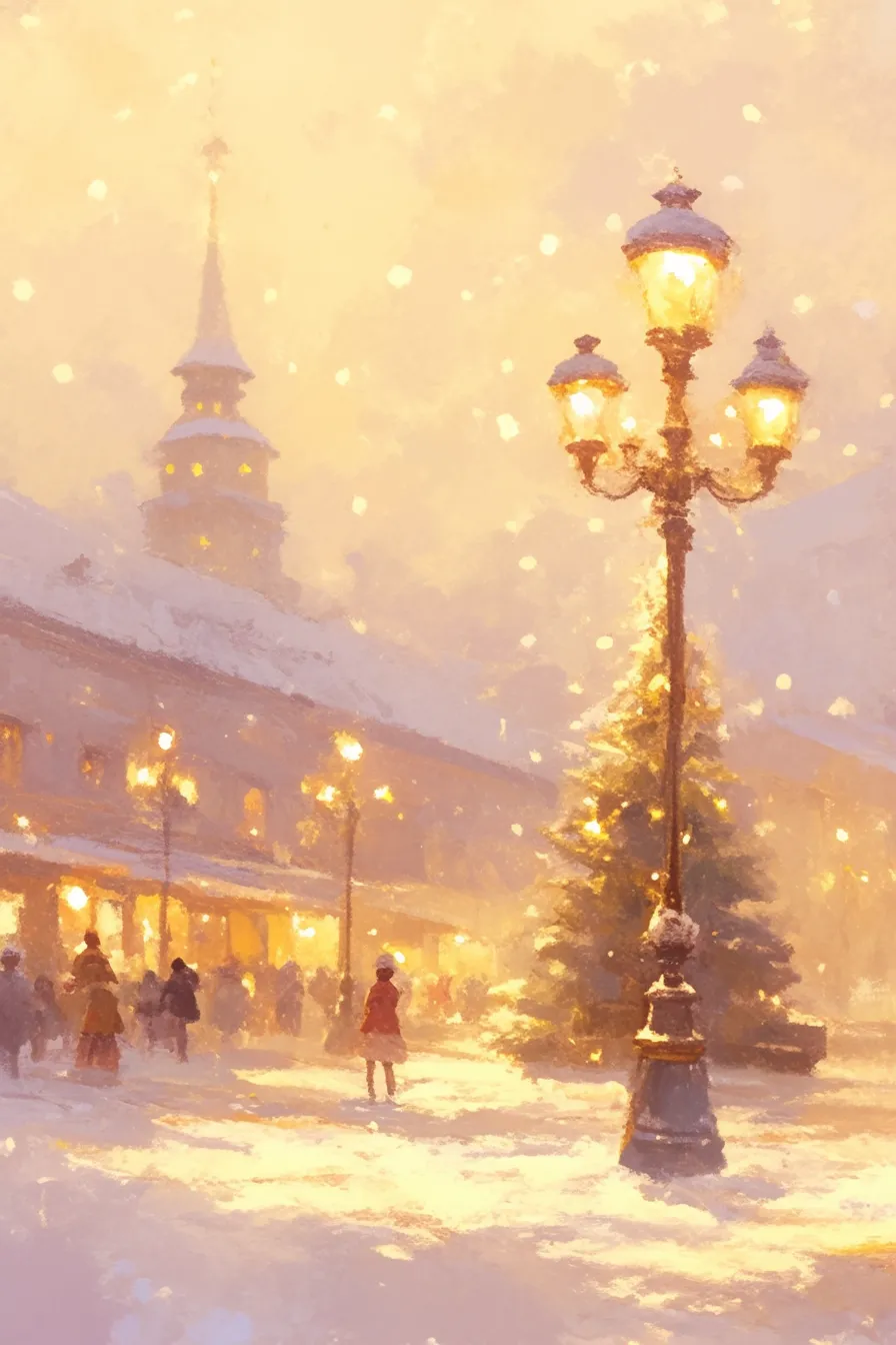 広場のツリーと雪降るクリスマスの絵｜黄金色の光と雪の表現が印象的で、クリスマスの絵として華やかで温かい雰囲気を伝える広告に適しています。