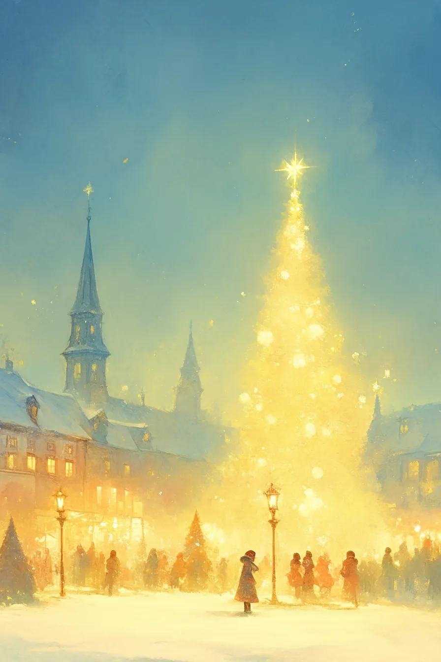 巨大なツリー輝く広場のクリスマスの絵｜光を放つ大きなツリーが中心に描かれ、クリスマスの絵として祝祭感を強調したキャンペーン素材です。