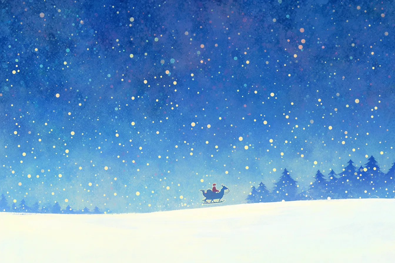 雪原を駆けるサンタとトナカイのクリスマスの絵｜シンプルで幻想的な構図が特徴で、クリスマスの絵として冬のロマンを表現する広告や背景素材に最適です。