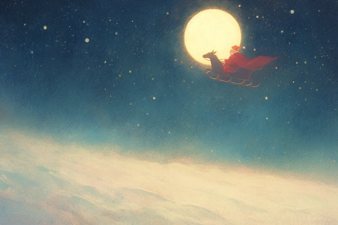 満月を背に空を飛ぶサンタのクリスマスの絵｜夜空と月明かりに包まれる場面が印象的で、クリスマスの絵として夢や希望を象徴するビジュアル素材です。