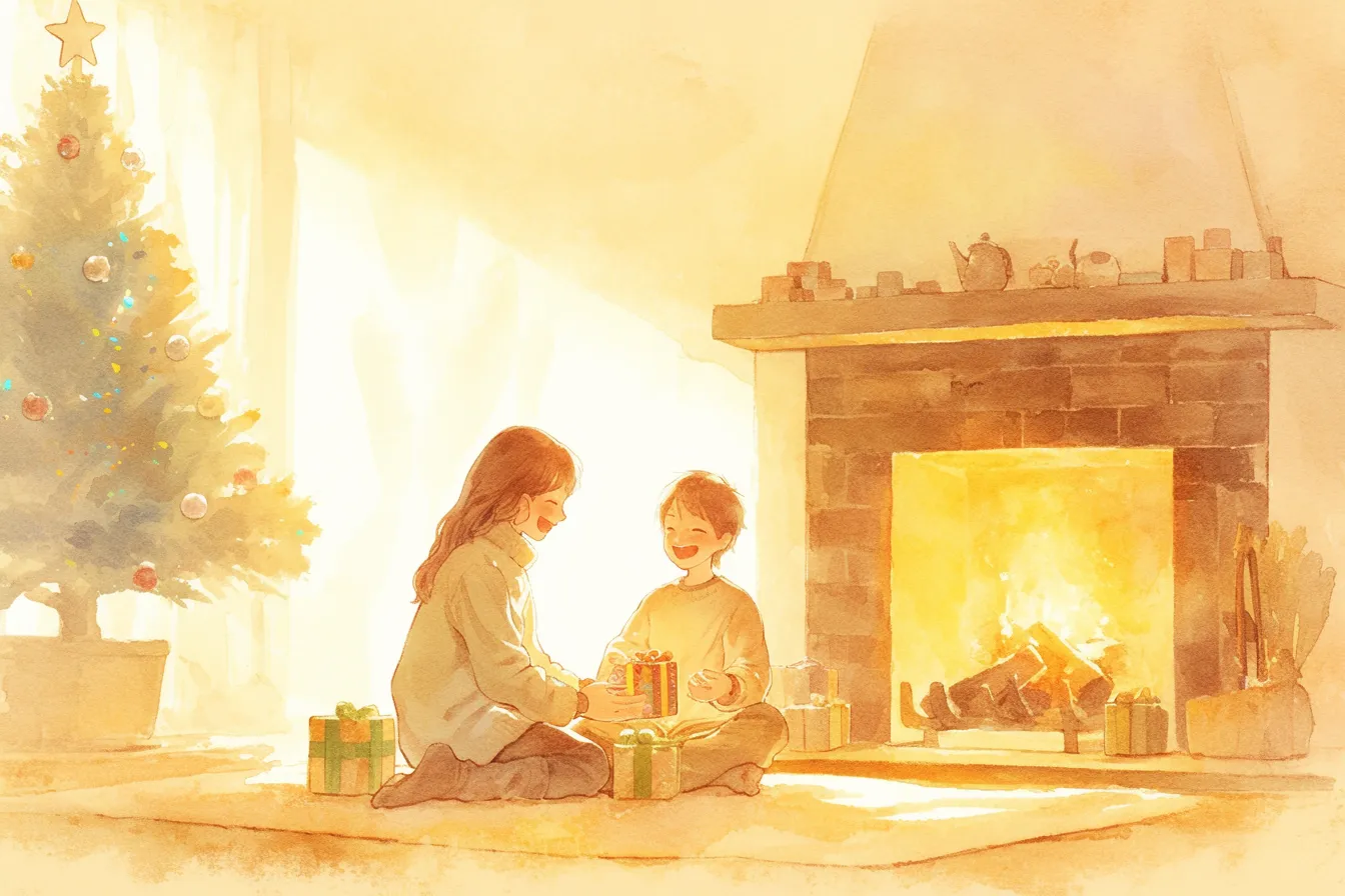 暖炉と親子の団らんのクリスマスの絵｜柔らかな光と笑顔が描かれ、クリスマスの絵として家庭的な温かさを伝えるファミリー向け素材です。