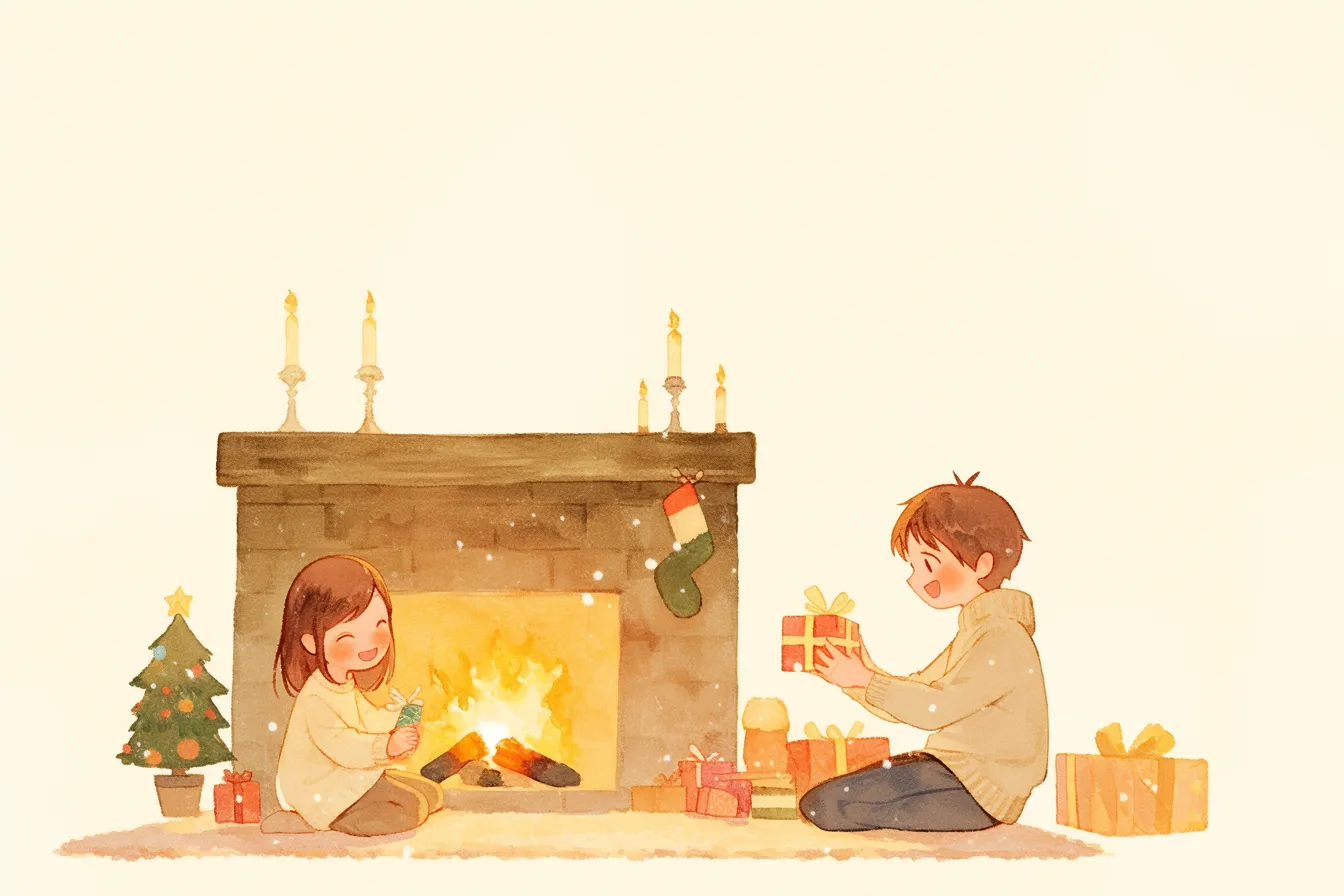 暖炉前で贈り物を交わす子供たちのクリスマスの絵｜明るく可愛らしいタッチで描かれ、クリスマスの絵として親しみやすく広告や販促に活用できる素材です。