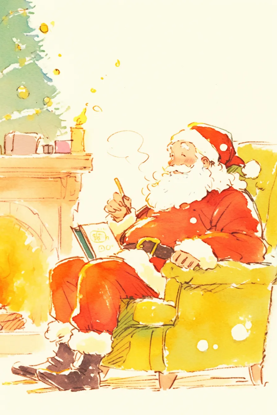 リストを書くサンタの絵｜優しい表情と明るい色調が特徴で、サンタの絵としてクリスマス準備を象徴する販促用素材に活用できます。