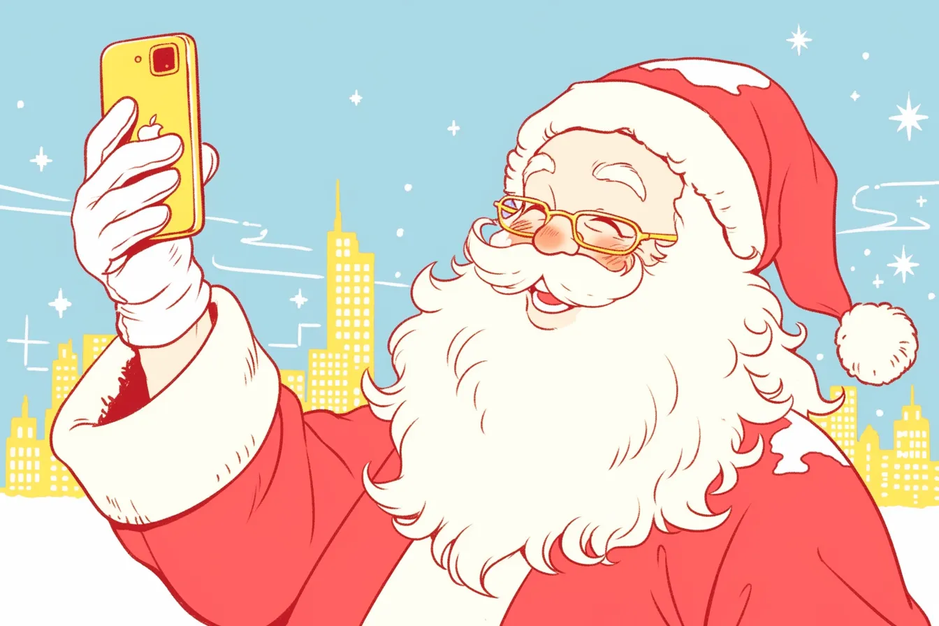 スマホで自撮りするサンタの絵｜現代的でユーモラスな表現が特徴で、サンタの絵としてSNSやデジタル広告に適した素材です。
