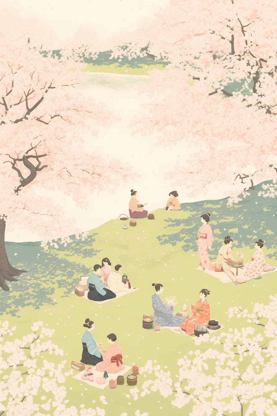 春の絵 桜の下で花見を楽しむ人々｜淡い色合いと柔らかな線描が特徴で、和の雰囲気を感じさせる春の絵。伝統的な花見の情景がビジネス用の季節素材として活用しやすい仕上がりです。